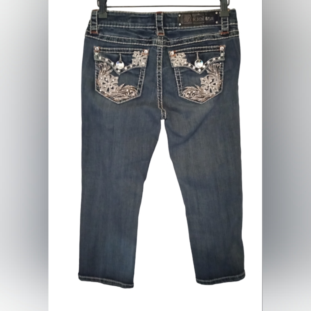 L.A. IDOL Capri Cropped Embroidered Bling Diamond Blue Denim Jeans Ladies Size 7